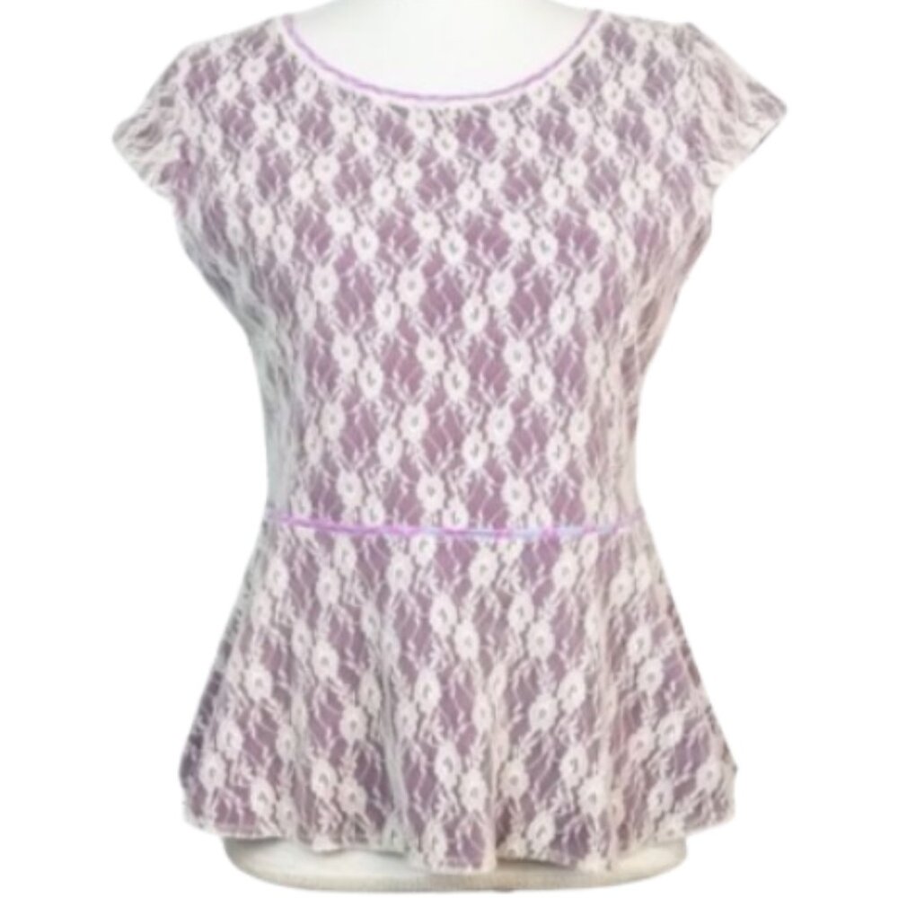 Matilda Jane Purple & White Floral Laced Peplum Blouse - Women's Size Medium
